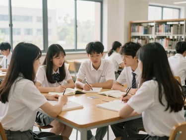 High school students discussing in a modern library room, sunny window background, warm editorial style, 35mm