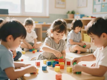 Happy kindergarten children playing with colorful blocks on a sunlit classroom floor, warm natural light, soft focus, 35mm