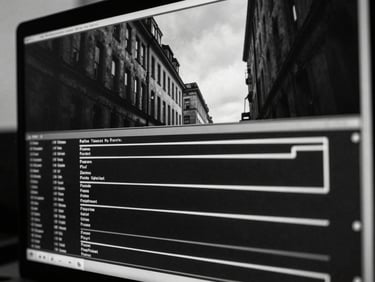 Abstract representation of digital data flow on a monitor, close-up macro framing, deep shadows, high-contrast monochrome tones.