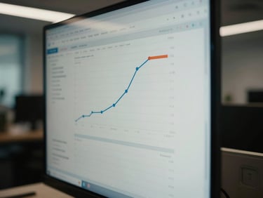Macro shot of a clean analytical dashboard showing conversion metrics, cool office interior lighting with deep shadows, 35mm film grain.