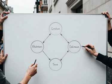 Tight, off-center crop of team collaboration around a physical whiteboard, hands drawing attribution models, cool overcast daylight, desaturated tones.