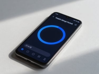 Sleek product photography of a modern Android phone screen showing a clean, dark-mode habit tracking app interface with electric blue progress rings, natural daylight shadows
