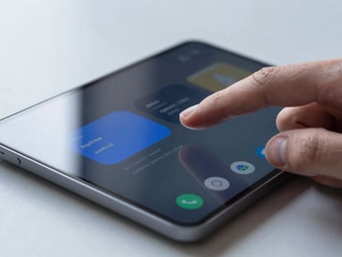A macro, close-up shot of a hand tapping a high-fidelity Android UI on a sleek charcoal glass screen, bright natural side-lighting, cool gray tones, shallow depth of field.