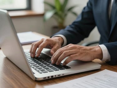 Business owner's hands typing on a laptop keyboard in a real office environment, natural daylight, a plant and papers visible in the background, documentary framing