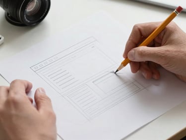 Hands sketching a simple website wireframe on paper at a desk, pencil visible mid-stroke, soft studio light, clear layout grid lines on the page