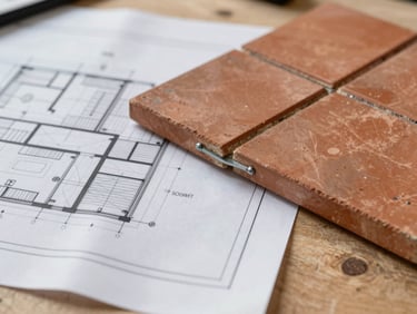 Macro close-up of architectural blueprints overlaying physical terracotta tiles and steel joins on a raw timber worktable.