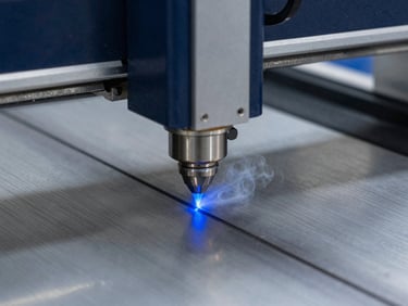 Close-up of a high-precision laser engraving machine beam cutting onto a metallic surface, sharp blue light, smoke, industrial technical atmosphere