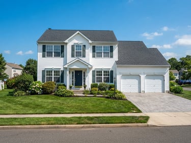 Bright outdoor photography of a clean Dover New Jersey home exterior, crisp midday sunlight reflecting off pristine white vinyl siding, sharp focus, 35mm lens.