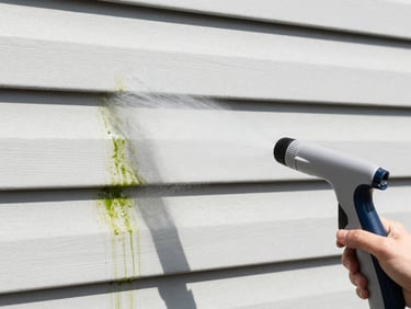 Close-up of soft-wash nozzle gently spraying cleaning solution onto green algae-stained vinyl siding, bright midday sunlight, high contrast.
