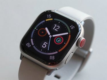 Tight crop of a modern smartwatch screen showing active fitness tracking metrics, realistic texture, natural light