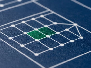 Macro close-up of a structured systems architecture diagram, crisp white node lines on a deep navy background, technical blueprint style, sharp focus