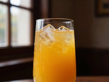Vibrant freshly squeezed orange juice in a tall glass with ice, condensation, elegant food photography, soft window light, rich dark tones with gold accents, macro depth of field.