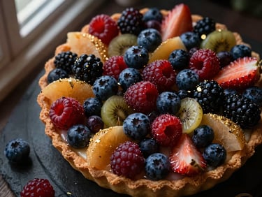 Overhead flat-lay of an elegant fruit tart, vibrant seasonal berries, delicate pastry crust, soft window light casting gentle shadows, rich dark tones with gold accents, macro depth of field