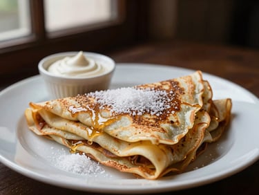 Crêpe pliée élégamment sur une assiette, saupoudrée de sucre glace, avec un pot de pâte à tartiner en arrière-plan, lumière douce.