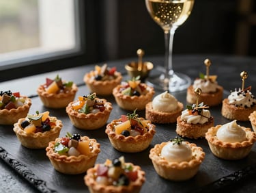 Refined savory mini quiches and elegant canapés on a black tray, with a sparkling drink, dramatic side-lit, rich dark tones with gold accents.