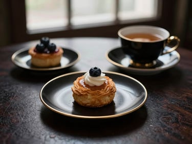 Overhead flat-lay of an elegant tea service with a small pastry and a cup of tea, black and gold accents, soft window light.
