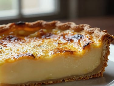 Close-up of a golden-brown Quiche Lorraine slice, rich custard filling, flaky crust, dramatic side-lit window light, rich dark tones with gold accents, macro depth of field.