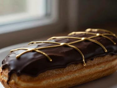 Close-up of a glossy chocolate eclair with a delicate gold drizzle, elegant food photography, dramatic side-lit, rich dark tones.