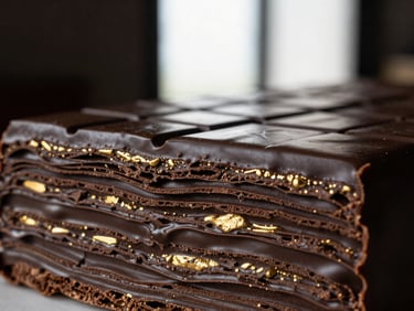 Macro shot of a perfectly glazed chocolate entremet, intricate layers visible, dramatic side-lit studio lighting, rich dark tones with gold accents, macro depth of field