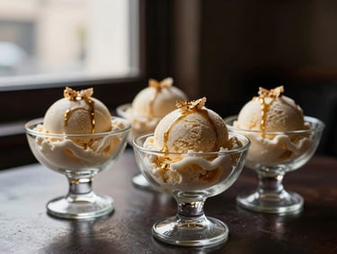 Scoops of artisanal ice cream in elegant glass bowls with delicate garnishes, soft window light, rich dark tones with gold accents.