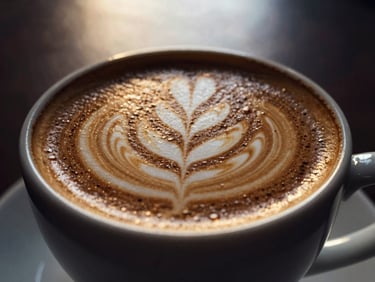 Elegant latte art in a white ceramic cup, rich dark coffee, dramatic side-lit window light, rich dark tones with gold accents, macro depth of field.
