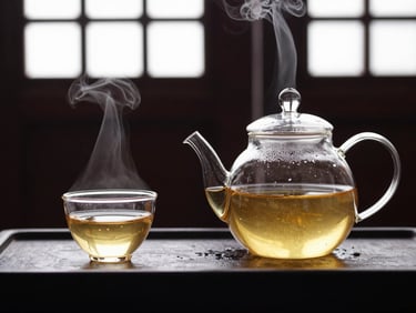 Delicate tea service with a clear glass teapot and matching cup, steam rising, elegant food photography, soft window light, rich dark tones with gold accents, macro depth of field.