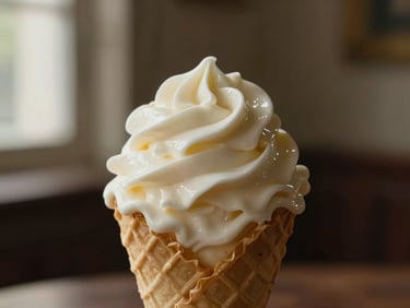 Gros plan sur une boule de glace vanille crémeuse dans un cornet, texture lisse, éclairage doux, fond clair.