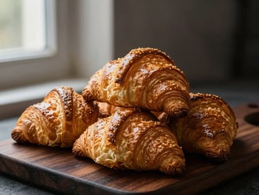 Stack of golden, flaky croissants on a dark wooden board, soft morning light, rich dark tones, elegant food photography.
