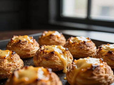Crispy golden puff pastry with melted cheese oozing slightly, elegant food photography, dramatic side-lit window light, rich dark tones with gold accents, macro depth of field.