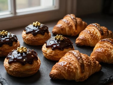 Assortment of glossy glazed pastries and golden croissants on a dark background, elegant food photography, dramatic side-lit window light, rich dark tones with gold accents.