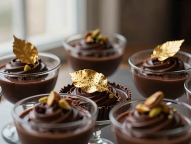 Coupe glacée élégante avec plusieurs couches, nappage au chocolat, éclats de pistache, feuille d'or, fond clair.