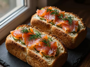 Soft brioche navette bread, elegantly filled with smoked salmon and dill, overhead flat-lay, dramatic side-lit window light, rich dark tones with gold accents, macro depth of field.