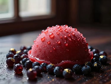 Bol de sorbet framboise vif, perles de condensation, lumière naturelle, fond clair.