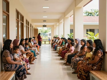 A modern clean public health clinic building in Mimika, local Papuan mothers holding children waiting in a bright naturally lit corridor, warm atmosphere