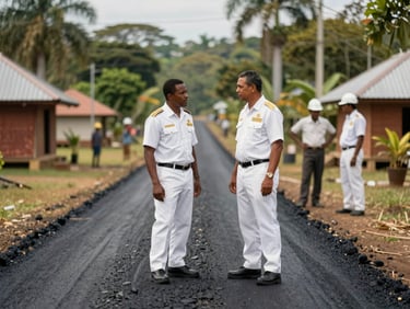 Johannes Rettob wearing official white uniform, inspecting a newly paved gravel road in a tropical Papuan village, talking with local engineers, daytime, natural lighting, shallow depth of field