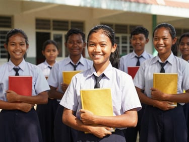 Group of smiling young Papuan students in school uniforms holding books, standing outside a modern classroom under bright natural sunlight