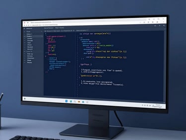 An organized modern workspace with a monitor displaying clean code blocks, cool crisp studio lighting, deep slate tones
