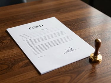 Close-up of a signed legal contract on a heavy oak boardroom table, a gold corporate seal visible, sharp daylight casting professional shadows.