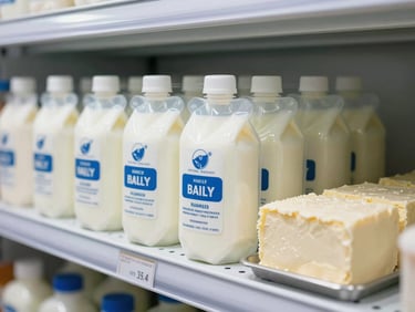 Close-up of refrigerated dairy products — milk pouches and paneer blocks arranged on a cold storage shelf, bright neutral warehouse lighting, labels visible, no people