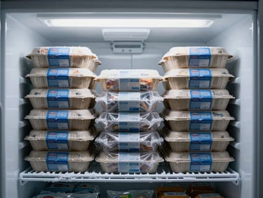 Stacked frozen food cartons and sealed pouches in a freezer storage bay, frost-edged shelving, bright overhead fluorescent lighting, product boxes face-forward with labels visible