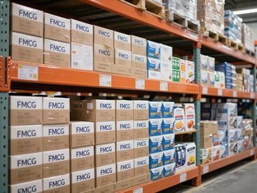 Organised rows of FMCG product cartons and consumer goods boxes on warehouse racking, bright overhead lighting, clean industrial shelving, no people, labels forward-facing