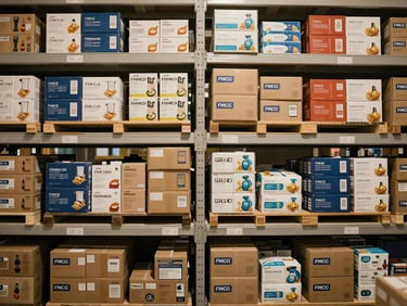 Overhead shot of FMCG product boxes and consumer goods packages organized in rows on a warehouse shelf, warm neutral lighting, clean and orderly inventory arrangement
