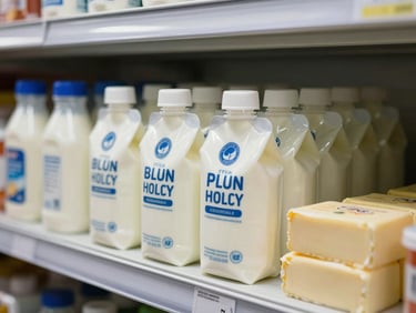 Close-up of packaged dairy products — milk pouches and butter blocks — arranged on a refrigerated shelf under neutral warehouse lighting, labels clearly readable, cool ambient light