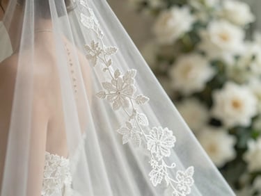 Close-up of delicate lace details on a wedding veil with soft white flowers in the background, airy and bright.