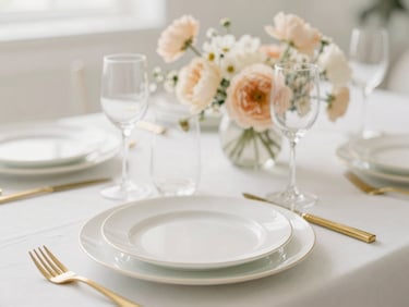 Elegant table setting with gold cutlery, white porcelain plates, and delicate champagne-colored floral centerpieces under soft morning light.