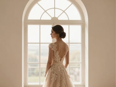 A bride in a soft champagne-colored lace gown looking out a grand arched window, warm diffused golden hour light.