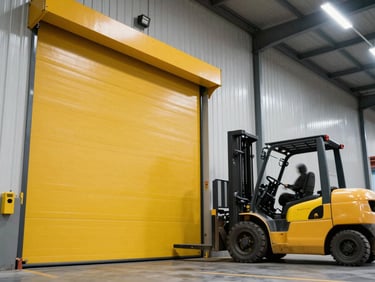 Low-angle power shot of a heavy-duty yellow high-speed roll-up door in a busy logistics terminal, forklift blurred in motion, high-contrast architectural lighting.