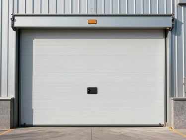 Straight-on elevation shot of insulated sectional overhead doors installed at a modern distribution center, clean architectural grid.