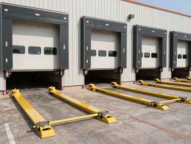 Wide shot of a loading dock system with hydraulic levelers and dock seals, crisp daylight, professional B2B setting.