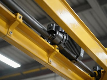 Low-angle architectural power shot of a heavy-duty yellow high-speed door track and motor drive, clean technical details, high-contrast industrial lighting.